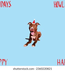 Pit Bull Terrier dog Christmas seamless pattern. Repeatable winter background. Happy Howlidays Dog Christmas Card for dog lovers. Abstract texture with pittie Drawing. Cartoon style. Popular character