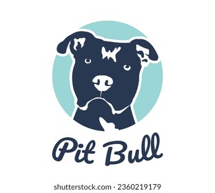 Pit Bull Terrier dog logo design. Pittie dog icon, 2 colors. Sticker on a white background. Cute Blue And White Pit Bull Drawing. Cartoonish style. Creative, funny greeting card. Simple shapes.