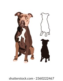 Pit Bull Terrier dog portrait. Sticker on a white background. Cute detailed terrier Drawing. Cartoon style. Popular character. Black stroke, dog outlines. Black And White Pittie silhouette. Flat.