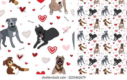 Pit Bull terrier dog Valentine's day heart wallpaper. Love doodles hearts with pets holiday texture. square background, repeatable pattern.St Valentine's day wallpaper, valentine present, print tiles.