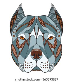 Pit bull terrier head zentangle stylized, vector, illustration, freehand pencil, hand drawn, pattern. Zen art. Ornate vector. Lace.