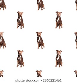 Pit Bull Terrier sitting dog seamless pattern. Hand-drawn dog on a repeatable white background. Cute Smiling abstract texture with Pittie Drawing. Cartoon style. Popular character. Holiday present.