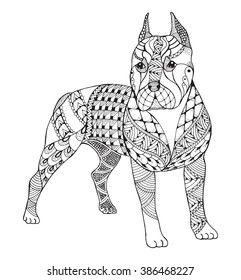 Pit bull terrier zentangle stylized, vector, illustration, freehand pencil, hand drawn, pattern. Zen art. Ornate vector. Lace. 