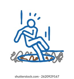 Vector del bosquejo del icono del doodle del accidente del hombre de la caída del pozo. Ilustración aislada del símbolo