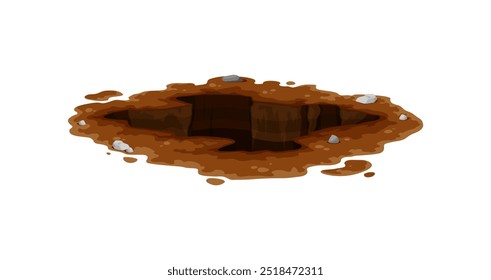 Pit in ground or burrow and dirty deep hole in soil, cartoon vector icon. Underground manhole or deep dig burrow in ground, dirty hollow or pit hole from groundhog or mole and muddy crack chasm