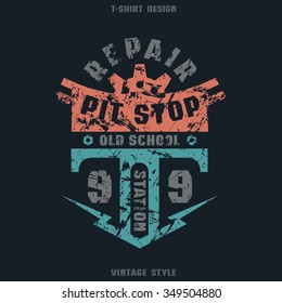 Pit stop badge with shabby texture. Graphic design for t-shirt. Color print on black background