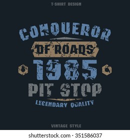 Pit stop badge with shabby texture. Graphic design for t-shirt. Color print on black background
