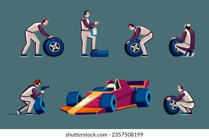 pit stop crew. autocross car repairing, changing wheels of formula bolide, mechanic technicians and engineers workers in racing uniform set. vector cartoon illustration.