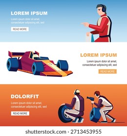 Anuncio de la tripulación de parada en boxes. Mecánica de automóviles de fórmula, uniforme de equipo, técnicos e ingenieros profesionales. Anuncios Horizontales de dibujos animados de Vector.