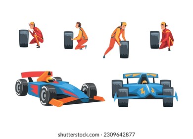 Pit Stopp Crew Mitglied Wechsel Reifen Rad in der Wartung Racing Car Vector Set engagiert