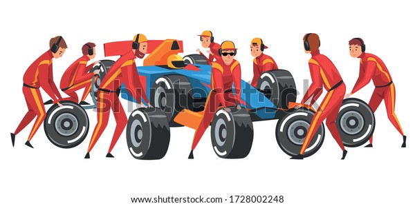 Pit Stop Crew Members in Red Uniform\
Changing Tire Wheels Cartoon Vector\
Illustration