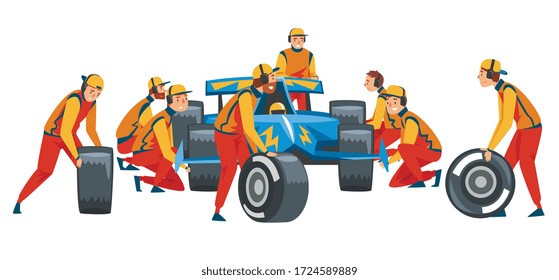 Pit Stop Crew Members in Uniform Changing Tire Wheels, Professional Mechanics and Racers Cartoon Characters Vector Illustration