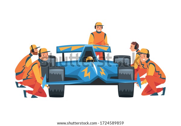 Pit Stop Crew Members in Uniform Changing\
Tire Wheels, Maintenance of Racing Car, Professional Mechanics\
Cartoon Characters Vector\
Illustration