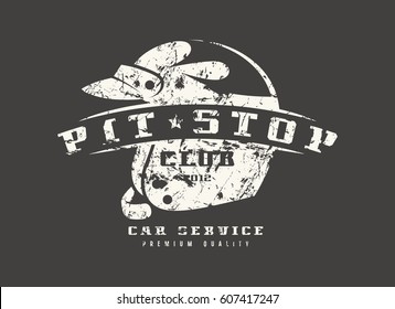 Pit stop emblem. Graphic design for t-shirt. White print on black background