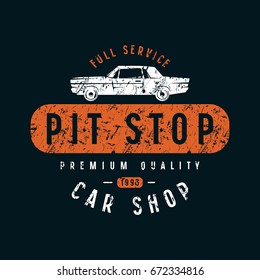 Pit stop emblem. Graphic design for t-shirt. Color print on black background