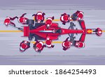 Pit stop in races f1. Replacing wheels on the race. Red speed car. A team of professionals engaged in their work. Race car pilot. Fast maintenance of the car. Vector Illustration
