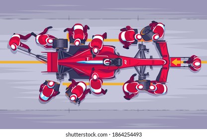 Pit stop in races f1. Replacing wheels on the race. Red speed car. A team of professionals engaged in their work. Race car pilot. Fast maintenance of the car. Vector Illustration
