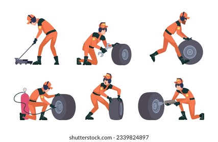 Pit stop. Sport racer mechanics changing tire at racing cars exact vector illustrations set