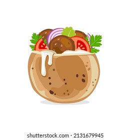 Pita bread with falafel on a white background. Traditional middle east food. Jewish, arabic cuisine. Vector illustration