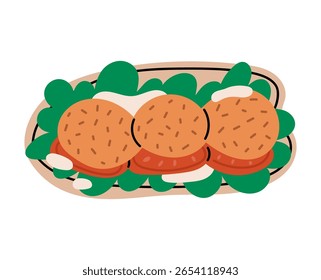 Pão Pita com falafel. Comida tradicional do Oriente Médio. Cozinha judaica, árabe. Sem refeições. Comida de lixo popular. Ilustração de vetor plano isolada em branco.
