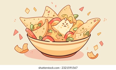 Pita chips in a rainbow of colors surround a happy bowl of hummus
