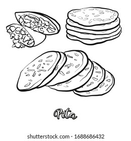 Pita food sketch separated on white. Vector drawing of Flatbread, usually known in Near East, Greece. Food illustration series.