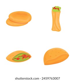 Pita icons set cartoon vector. Ingredient for cook tortilla, burrito and taco. Fast food