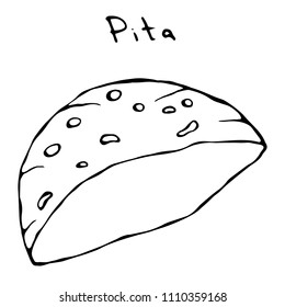 Pita Pocket Bread. Arabic Israel Healthy Fast Food Bakery. Jewish Street Food. Realistic Hand Drawn Illustration. Savoyar Doodle Style.