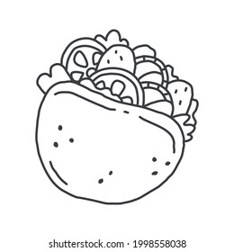 Pita en un sencillo estilo garabato. Ilustración vectorial en blanco y negro con comida chatarra. Objeto aislado sobre un fondo blanco.