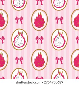 Pitahaya, dragon fruit seamless pattern. Vintage background with hand drawn vertical stripes and bows. Crimson, pink and brown colors. Organic print on fabric and paper. Vector design for textile.