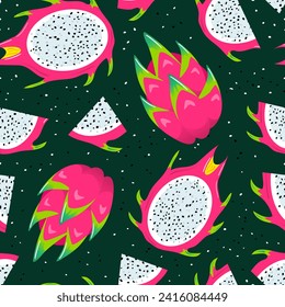 Pitahaya. Dragon fruit summer seamless pattern. Healthy food, vegans. Veganuary. Cactus. Tropical exotic fruits, leaves. Healthy food. For menu, cafe, wallpaper, fabric, wrapping