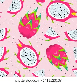 Pitahaya. Drachenfrucht Sommer nahtlose Muster. Gesunde Lebensmittel, Veganer. Veganuar. Kakteen. Tropische exotische Früchte, Blätter. Gesundes Essen. Für Menü, Café, Tapete, Stoff, Umhüllung