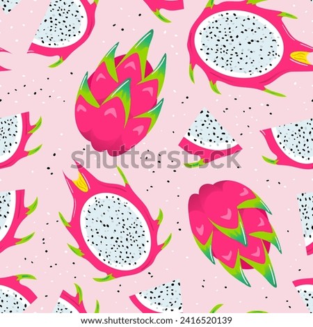 Pitahaya. Dragon fruit summer seamless pattern. Healthy food, vegans. Veganuary. Cactus. Tropical exotic fruits, leaves. Healthy food. For menu, cafe, wallpaper, fabric, wrapping