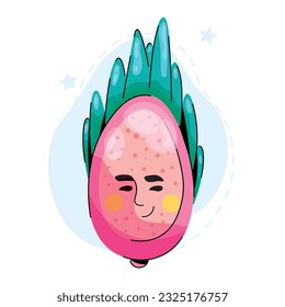 Pitahaya Dragonfruit funny character.  Healthy food cartoon character on a blue abstract spots background. Vector fruit illustration