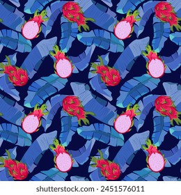 Pitahaya on tropical leaves.Vector seamless pattern with whole and cut tropical fruit on a blue background with leaves.