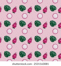 Padrão de Pitahaya em fundo rosa, com folhas de monstros. Ilustração vetorial.