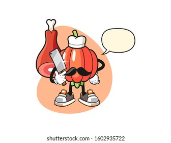 Pitanga butcher with speech bubble cartoon. Mascot Character vector.