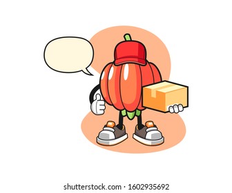 Pitanga courier with speech bubble cartoon. Mascot Character vector.
