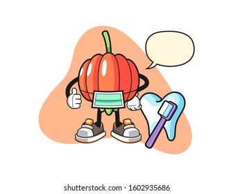 Pitanga dentist with speech bubble cartoon. Mascot Character vector.