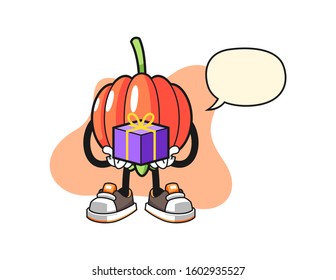 Pitanga give a gift with speech bubble cartoon. Mascot Character vector.