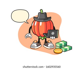 Pitanga hacker with speech bubble cartoon. Mascot Character vector.