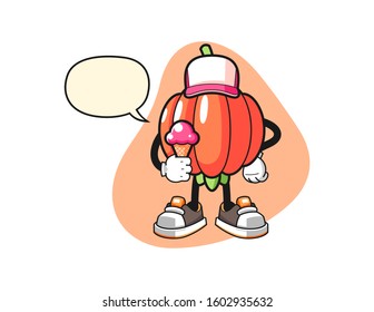 Pitanga hold ice cream with speech bubble cartoon. Mascot Character vector.