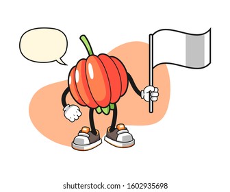 Pitanga hold white flag with speech bubble cartoon. Mascot Character vector.