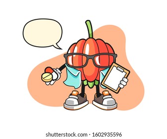 Pitanga pharmacist with speech bubble cartoon. Mascot Character vector.