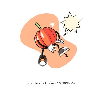 Pitanga step on nail with speech bubble cartoon. Mascot Character vector.