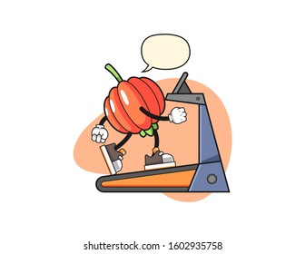 Pitanga walking on treadmill with speech bubble cartoon. Mascot Character vector.