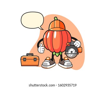 Pitanga woodworker with speech bubble cartoon. Mascot Character vector.