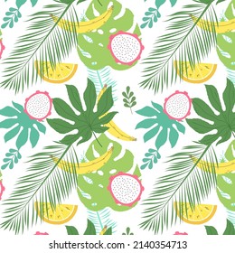 Pitaya, banana, orange. Tropical pattern with leaves.