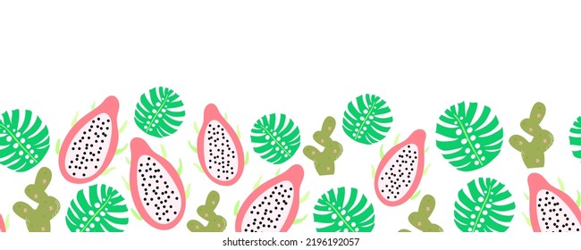 Pitaya, cactus and monstera leaves seamless horizontal pattern. It is suitable for fabric, card, cushion, textile and many more. Dragon fruit horizontal border seamless pattern.
