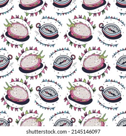 Pitaya and Compass. Seamless pattern on a white background. Cute vector illustration.